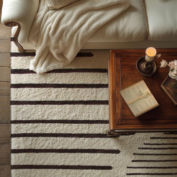 Tapis berbère beige avec des rayures brunes dans le salon confortable.